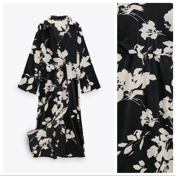 NWT. Zara Black/Cream  Satin Effect Floral Print Midi Dress. Size S. - Picture 6 of 11